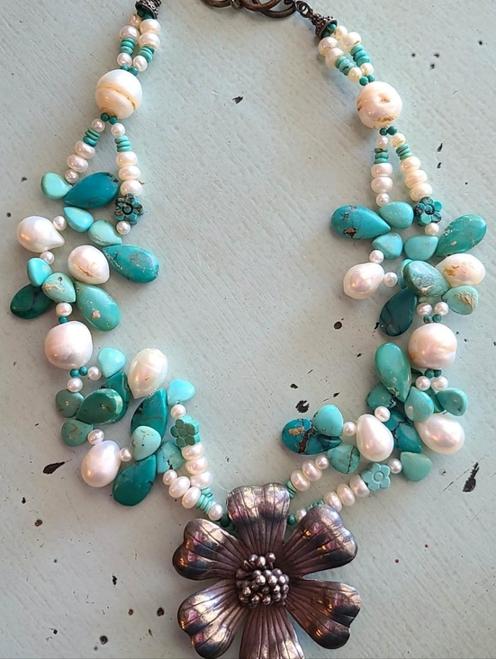Jewelry - Handmade Turquoise & Pearl Statement Necklace with Floral Pendant